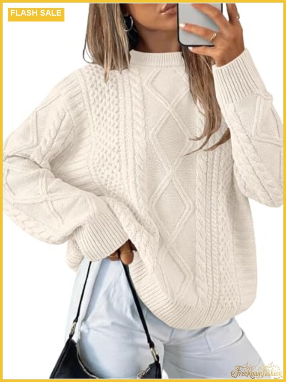 Oversized Cable Knit Pullover Sweater Crewneck Long Sleeve Acrylic